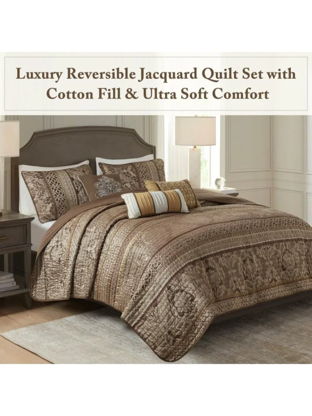 Madison Park Bellagio Jacquard 6 Piece Full Queen Quilt Set Brown Gold MSRP $320